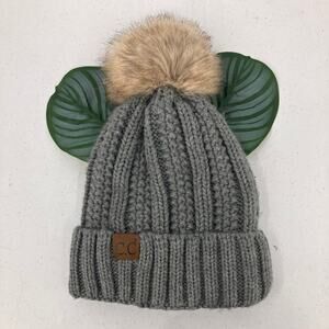 C.C Exclusives Gray Cable Knit Faux Fur Pom Cuff Faux Sherpa Lined Beanie Hat